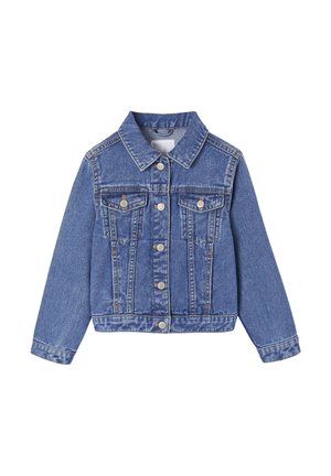 Blue denim jacket with long sleeves, button front, two chest pockets with flaps, and classic collar, displayed on white background.