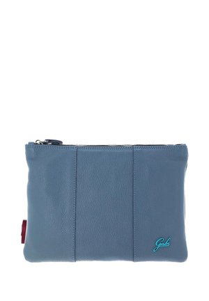 Custodia blu in pelle con zip, dalla superficie liscia, con cuciture verticali e un logo turchese in contrasto sul fronte.