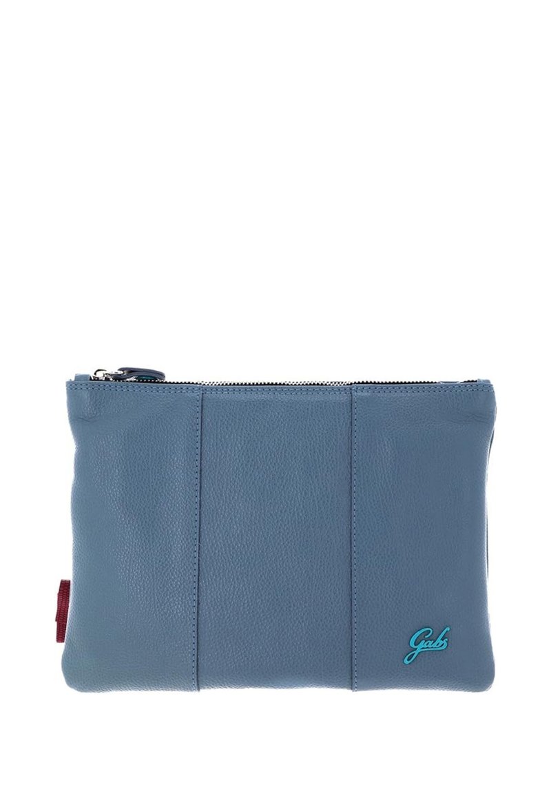 Custodia blu in pelle con zip, dalla superficie liscia, con cuciture verticali e un logo turchese in contrasto sul fronte.