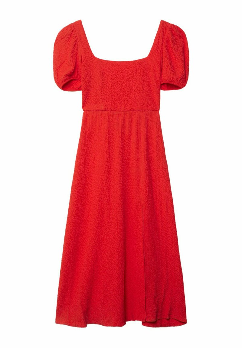 Rotes, knielanges Kleid mit quadratischem Ausschnitt, Puffärmeln und strukturierter Stoff. A-Linie mit einem seitlichen Schlitz.