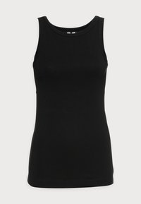 Svart linne i mjuk bomullsmaterial med rund halsringning, ärmlös design och rak nederkant. Ingen mönster eller detaljer.