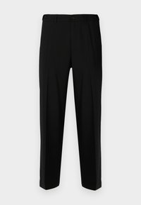 Zwarte broek van gladde stof, met een rechte snit, twee voorzakken en een ritssluiting met knoopsluiting.