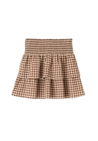 Mini jupe à carreaux marron et beige avec une taille smockée et un design en tiers avec volants.