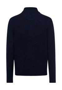 Navy blue pullover sweater with a high collar, ribbed texture, solid pattern, and long sleeves. Fabric shows subtle flecks of light blue.