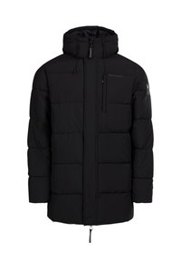 Schwarze, gefütterte Jacke mit Kapuze, ausgestattet mit einem Reißverschluss vorne, elastischen Kordelzügen und gestepptem Design. Mit Logo-Detail auf der Brust.