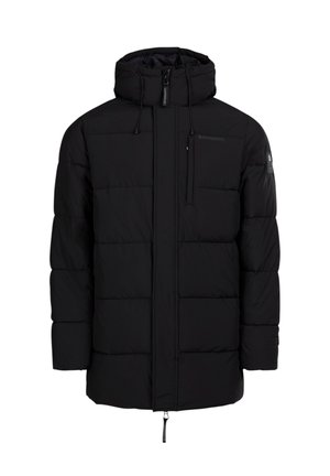 Giacca a vento nera con cappuccio, caratterizzata da una zip frontale, cordini elastici e texture trapuntata. Include dettaglio del logo sul petto.