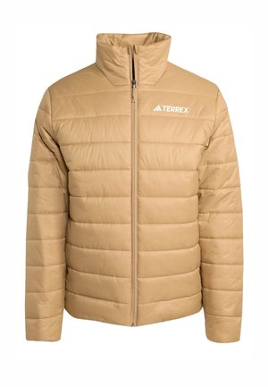 Beige gewatteerde jas met hoge kraag, volledige ritssluiting aan de voorkant en het "Terrex"-logo in het wit op de linkerkant van de borst. Voorzien van een gesteppelde textuur.