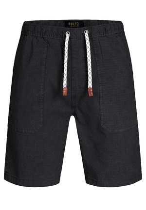 Sorte afslappede shorts med elastisk talje, hvide snore med brune ender og forlommer foran.