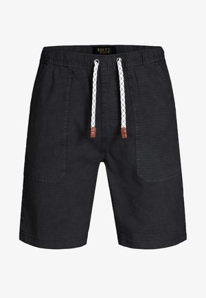 Musta rennot shortsit, joissa joustava vyötärönauha, valkoinen naru ruskeilla päillä ja etutaskut.