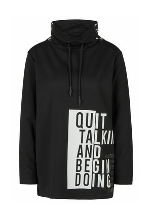 Zwarte hoodie met lange mouwen, koordjes en vetgedrukte witte tekst met de tekst "Quit talking and begin doing" aan de voorkant rechtsonder.
