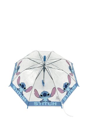 Clear umbrella featuring a blue handle and a design with cartoon Stitch, light blue accents, and a patterned surface with Stitch illustrations.
