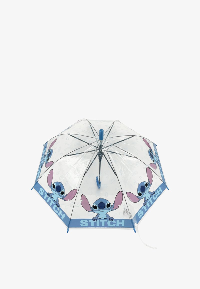 Durchsichtiger Regenschirm mit blauem Griff und einem Design mit dem Zeichentrickcharakter Stitch, hellblauen Akzenten und einer gemusterten Oberfläche mit Stitch-Illustrationen.
