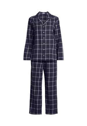 Marinblå rutiga pyjamas-set med långärmad knäppskjorta och matchande byxor. Tillverkad av mjukt tyg, med vita och ljusgrå linjer i ett rutmönster.