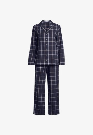 Marine ternet pyjamasæt med langærmet knap-op top og matchende bukser. Fremstillet af blødt stof, med hvide og lysegrå linjer i et ternet mønster.