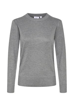 Pull en tricot gris avec un col rond, des manches longues, des poignets et un ourlet côtelés. Texture lisse avec un motif uniforme et subtil.