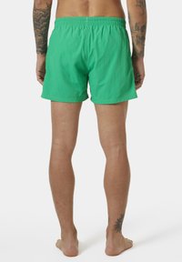 Zelené plavecké šortky s elastickým pasem, volným střihem a hladkým, lehkým materiálem; žádné viditelné vzory ani akcenty.