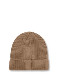 Knit beanie in light brown with ribbed texture and a folded cuff at the base. Soft fabric with a snug fit.