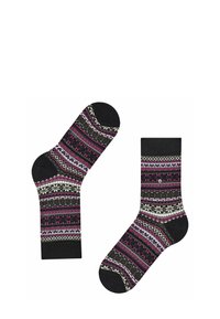 Calzini multicolori con una base nera e un design a motivi in rosa, bianco e grigio. Include motivi geometrici e floreali.