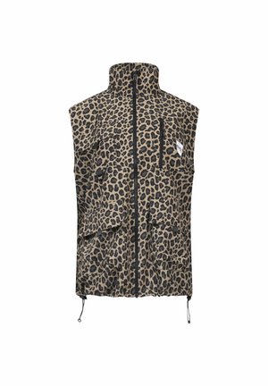 Beige en zwarte panterprint mouwloze vest met een hoge kraag, voorrits en meerdere utility zakken. Verstelbare zoom met koord.