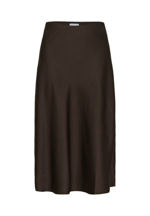Brun satin midi-nederdel med en glat overflade, en flatterende A-formet silhuet og en sideslids for nem bevægelse.