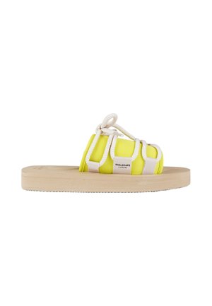 Sandalo platform beige con tomaia in tessuto giallo acceso e lacci in corda bianca, etichettato "Dualscape culture" sul lato.