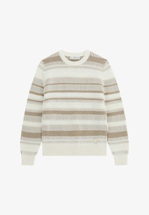 Gestreifter Strickpullover in Creme und Beige, runder Ausschnitt, gerippte Bündchen und Saum. Verfügt über ein strukturiertes Muster mit variierenden Breiten der Streifen.