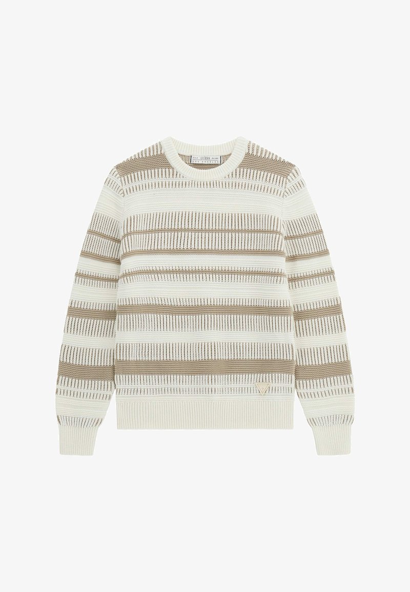 Sweter w paski dzianinowy w kolorze kremowym i beżowym, okrągły dekolt, ściągacze przy rękawach i u dołu. Oferuje teksturowany wzór z paskami o różnej szerokości.