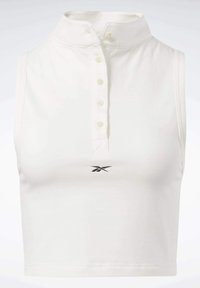 Polo sans manches blanc avec un col montant et cinq boutons blancs, présentant un petit logo noir Reebok au centre de la poitrine.