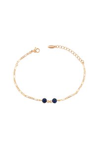 Bracciale color oro con due pietre azzurre rotonde, collegate da una catena texturizzata. Include un fermaglio a scatto e una catena di estensione regolabile.
