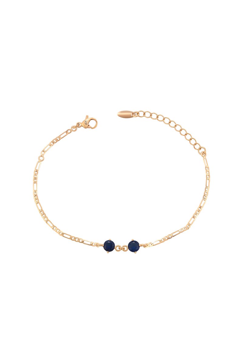 Bracciale color oro con due pietre azzurre rotonde, collegate da una catena texturizzata. Include un fermaglio a scatto e una catena di estensione regolabile.