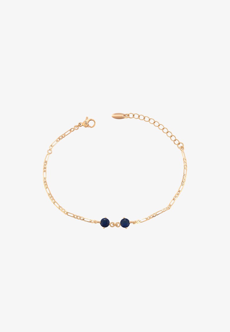 Bracciale color oro con due pietre azzurre rotonde, collegate da una catena texturizzata. Include un fermaglio a scatto e una catena di estensione regolabile.