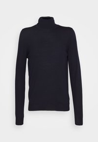 Marinblå polotröja med långa ärmar, tillverkad av ett mjukt och lätt material. Har ribbade ärmslut och nederkant, med en minimalistisk design.