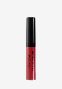 Rød læbegel i et klart cylindrisk rør med en sort applikatorhætte. Teksten på røret siger "COLLISTAR LIP GLOSS VOLUME." Glat konsistens.