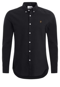 Camisa negra de manga larga con botones blancos, cuello abotonado y pequeño logo amarillo "F" en el lado izquierdo del pecho.