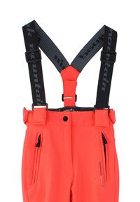 Pantalons de ski imperméables rouges avec bretelles noires ajustables, comportant des logos, des poches latérales zippées et une taille renforcée. Tissu lisse et durable.