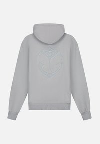 Grauer Hoodie mit weichem Stoff, versehen mit einem großen gestickten Design auf der Rückseite; beinhaltet eine Kapuze mit Kordelzug und gerippte Bündchen.