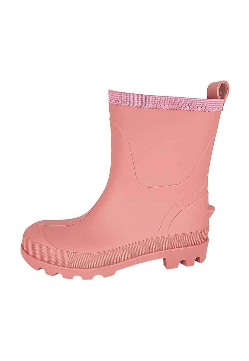 Botte de pluie en caoutchouc rose avec une semelle texturée, un bout renforcé et un revers rose cranté. Dotée d'une languette pour un enfilage facile.