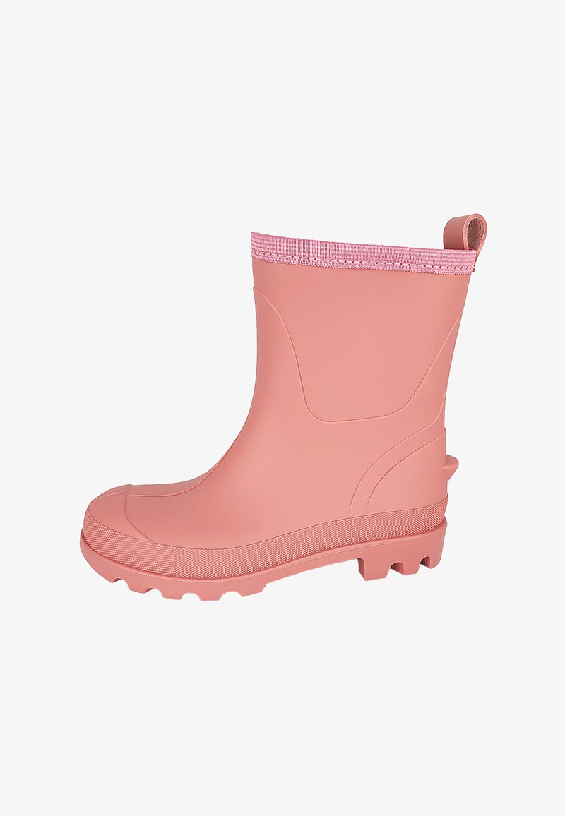 Botte de pluie en caoutchouc rose avec une semelle texturée, un bout renforcé et un revers rose cranté. Dotée d'une languette pour un enfilage facile.