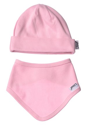 Pink cotton beanie with a folded cuff and matching triangle-shaped neck warmer, both featuring a smooth texture and stitched edges.