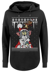 Fekete kapucnis pulóver, amelyen ünnepi mintázat szerepel Tom és Jerry rajzfilmes karakterekkel, hópelyhekkel és karácsonyi díszekkel, élénk színekben.