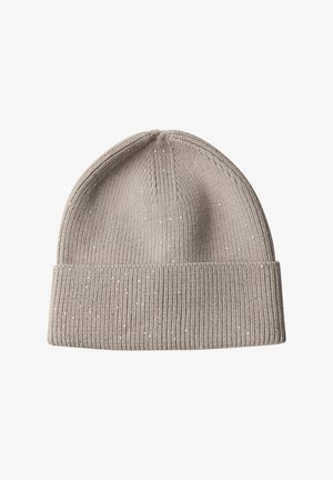 Beige stickad mössa med ribbad textur, prydd med silverprickar. Utrullad design med rundad topp. Hållbart tyg.