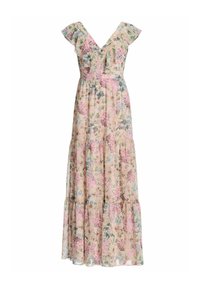 Robe longue sans manches à fleurs avec encolure en V à volants et jupe à volants dans des tons pastel rose, bleu et vert sur fond beige clair.
