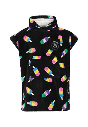 Black sleeveless hooded poncho with colorful striped popsicle pattern and front pocket, featuring a round brand logo on the chest.