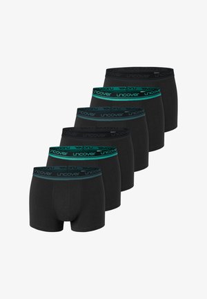 Six pairs of black boxer shorts made from soft fabric, featuring contrasting teal elastic waistbands with "uncover" text in black.
