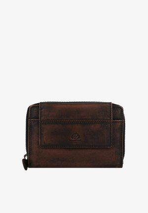 Portafoglio in pelle marrone con chiusura a zip, tasca frontale e logo in rilievo. Presenta una finitura liscia e strutturata. Forma rettangolare compatta.
