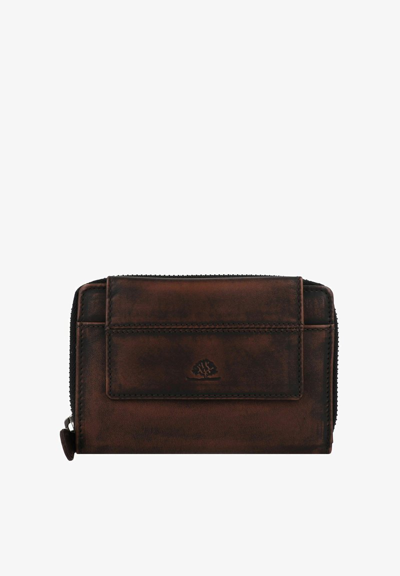 Portafoglio in pelle marrone con chiusura a zip, tasca frontale e logo in rilievo. Presenta una finitura liscia e strutturata. Forma rettangolare compatta.