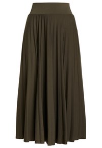 Long, pleated skirt made of soft, dark olive green fabric, featuring a wide elastic waistband for comfortable fit and fluid drape.
