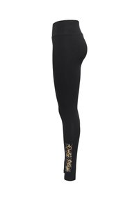 Schwarze Leggings mit hoher Taille, die ein goldenes und farbenfrohes grafisches Detail am unteren linken Bein aufweisen. Glatte Textur, dehnbares Material.
