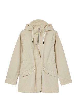 Beige Kapuzenjacke mit Frontreißverschluss, Druckknöpfen, verstellbaren Kordeln und zwei Klappentaschen mit Druckknopfverschluss.