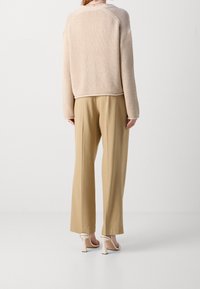 Pullover beige lavorato a maglia con una vestibilità comoda, abbinato a pantaloni beige a vita alta e tacchi crema. Texture lisce e silhouette rilassata.